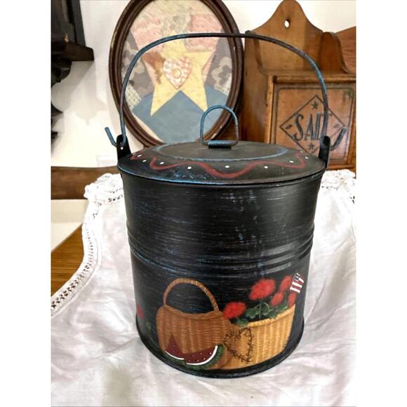 Other - VTG Primitive Toleware Tin Berry Bucket Pail w/ Lid  Farmhouse Country Folk Art